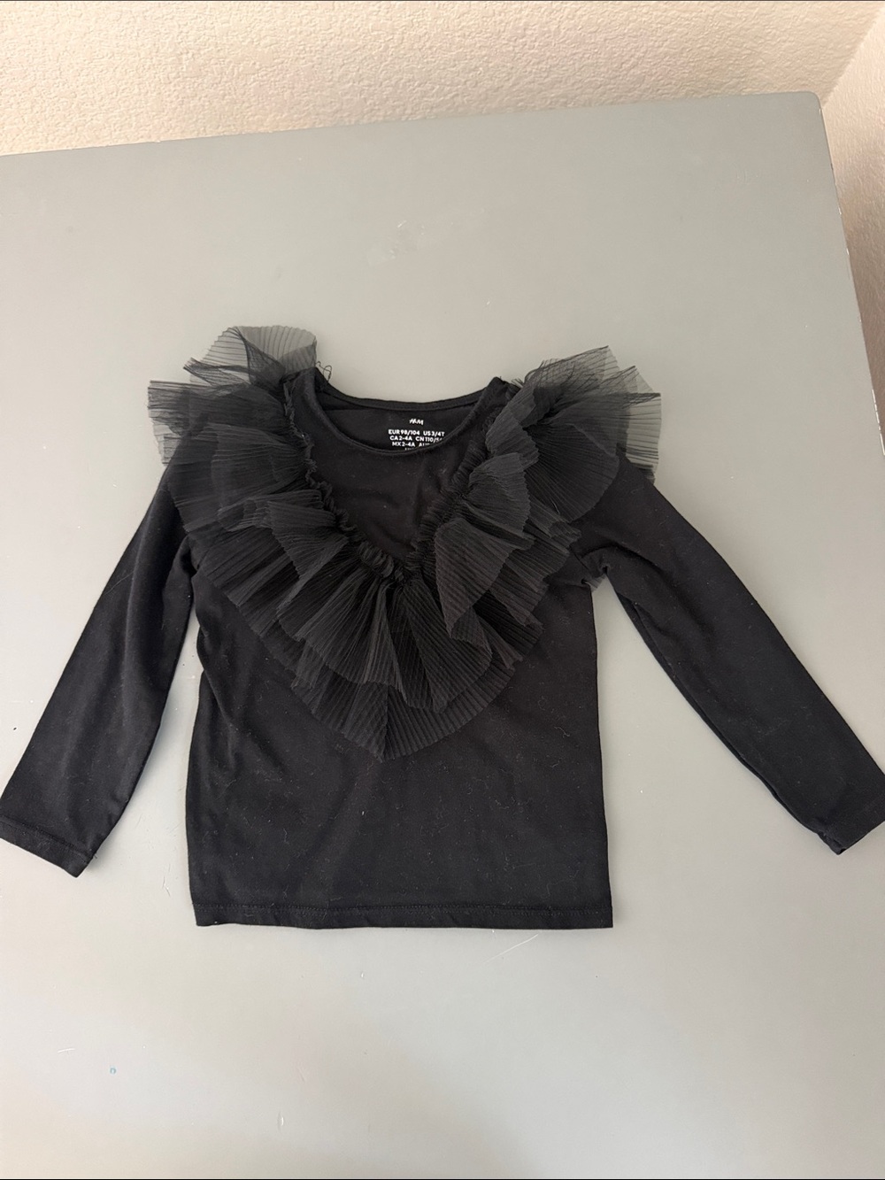 H&M Black Long-Sleeve Top with Ruffle Tulle V-Neck